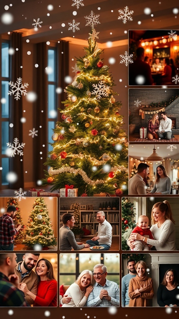 A colorful Christmas slideshow with images of holiday decorations, family celebrations, and winter scenes.